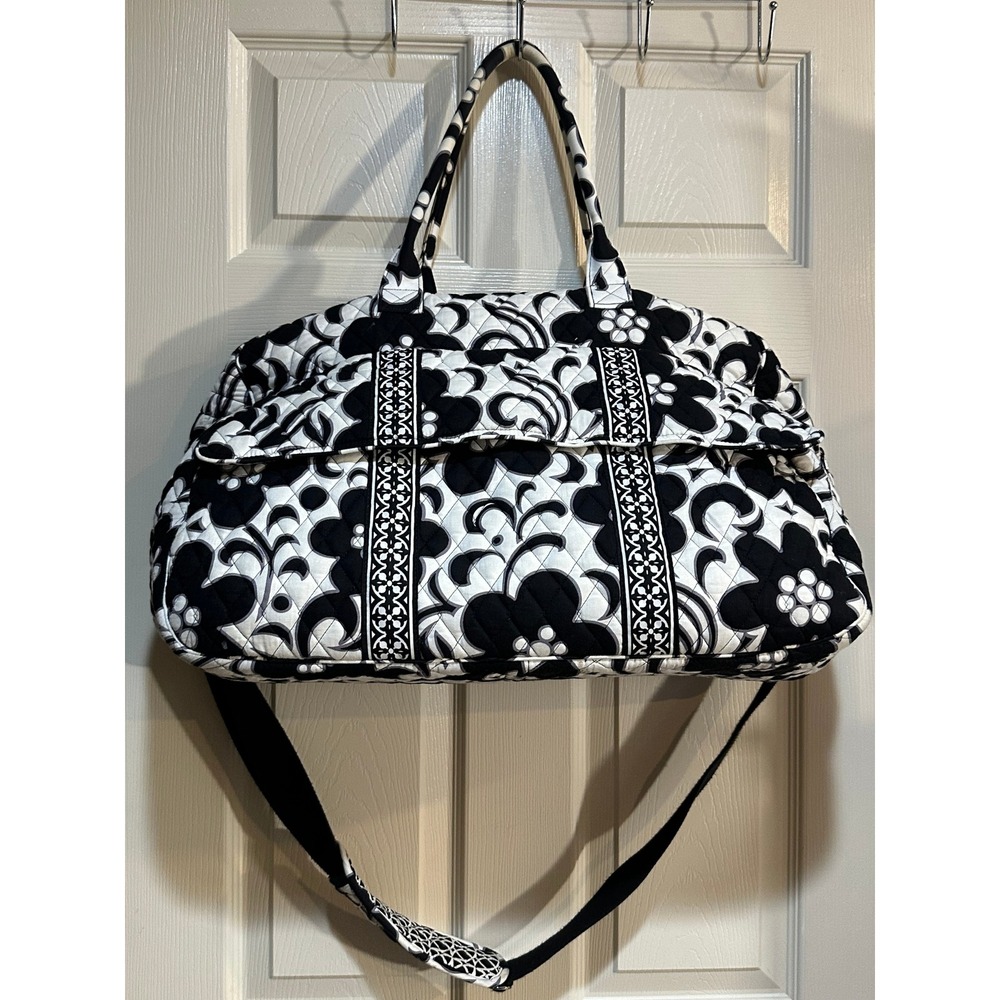 Vera Bradley Large Duffel Bag Black White Floral Quilted Travel Weekender 21"